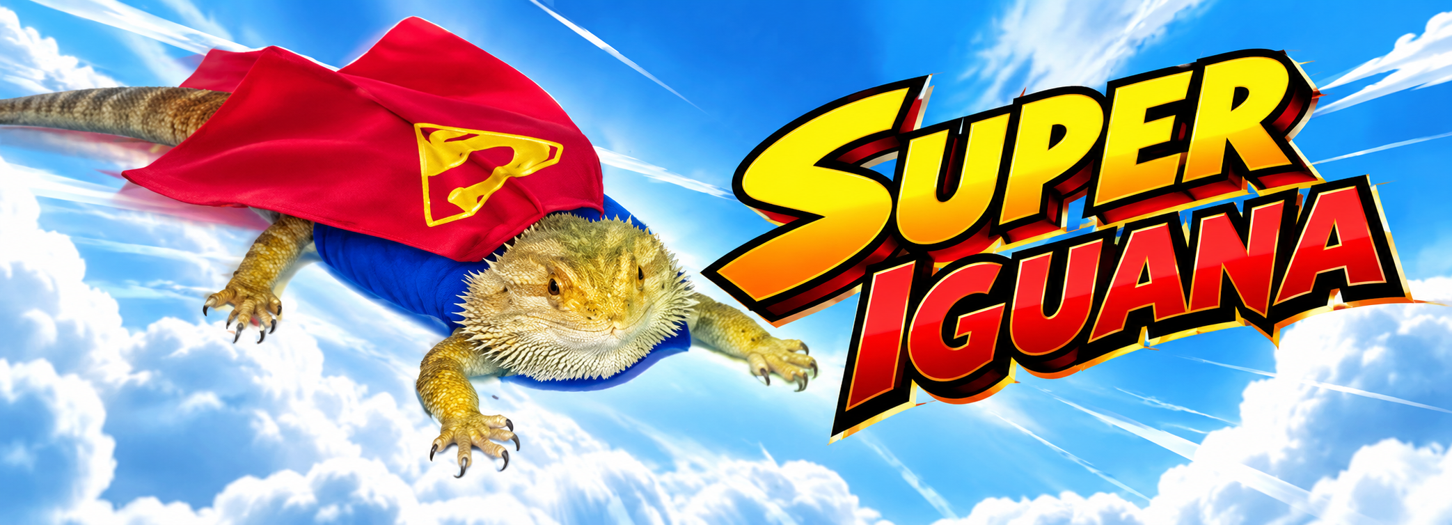 Super Iguana soaring through the clouds in a red cape